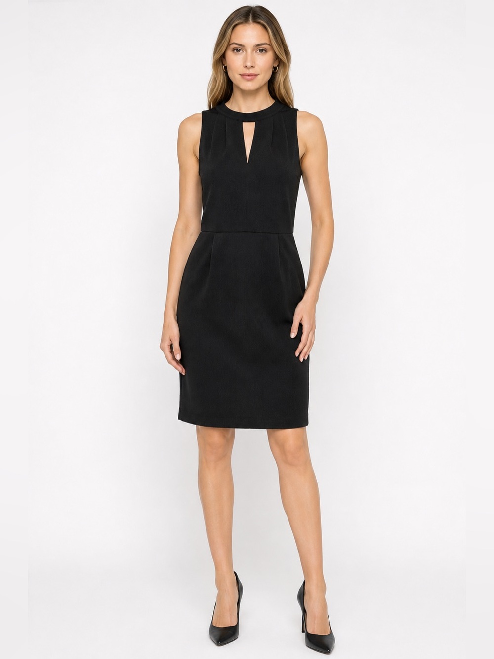 Love...ady Black Sleeveless Keyhole Sheath Dress Large L Made USA Stretch Solid
